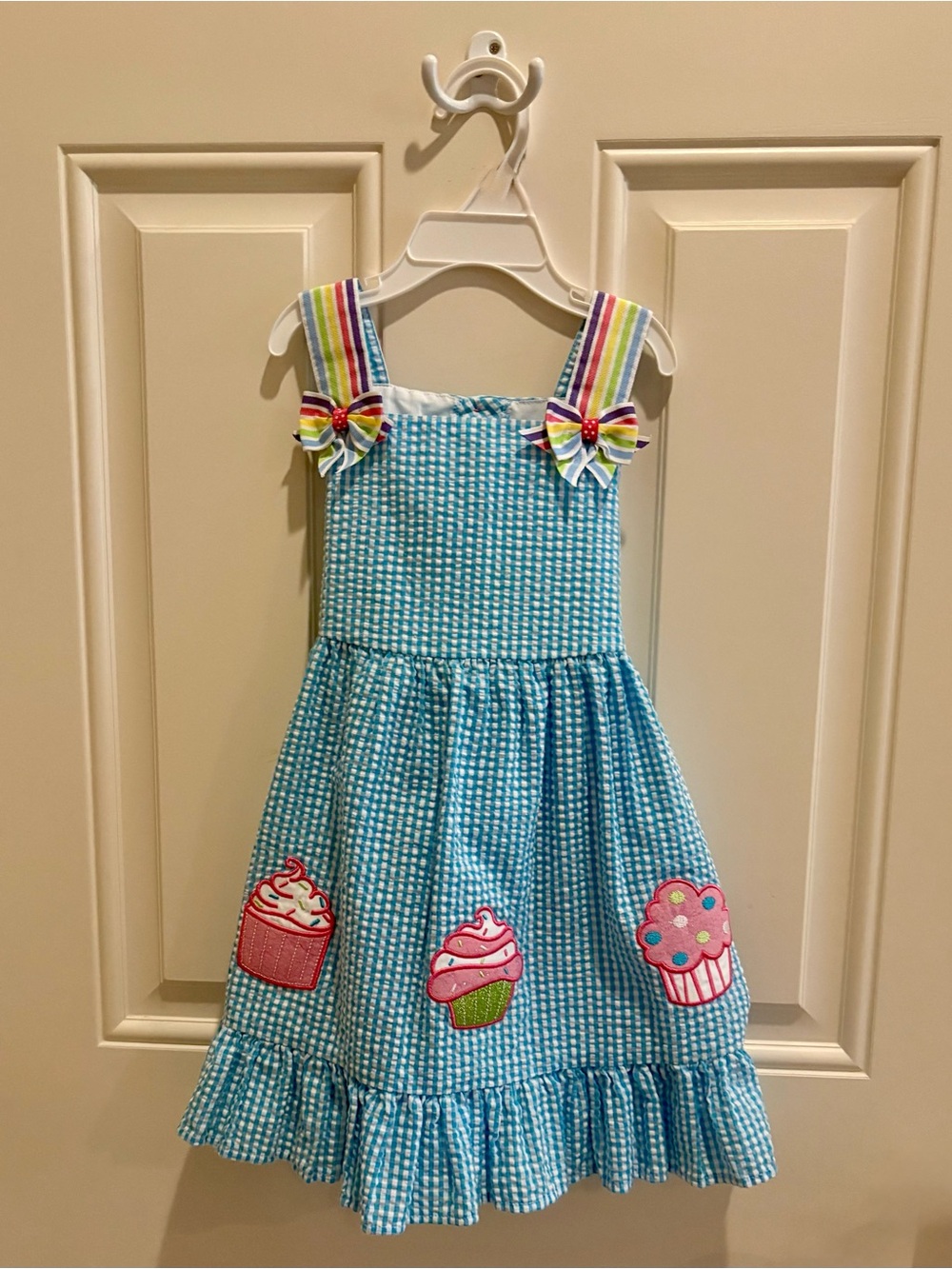 Emily Rose Blue Gingham Dress with Rainbow Trim